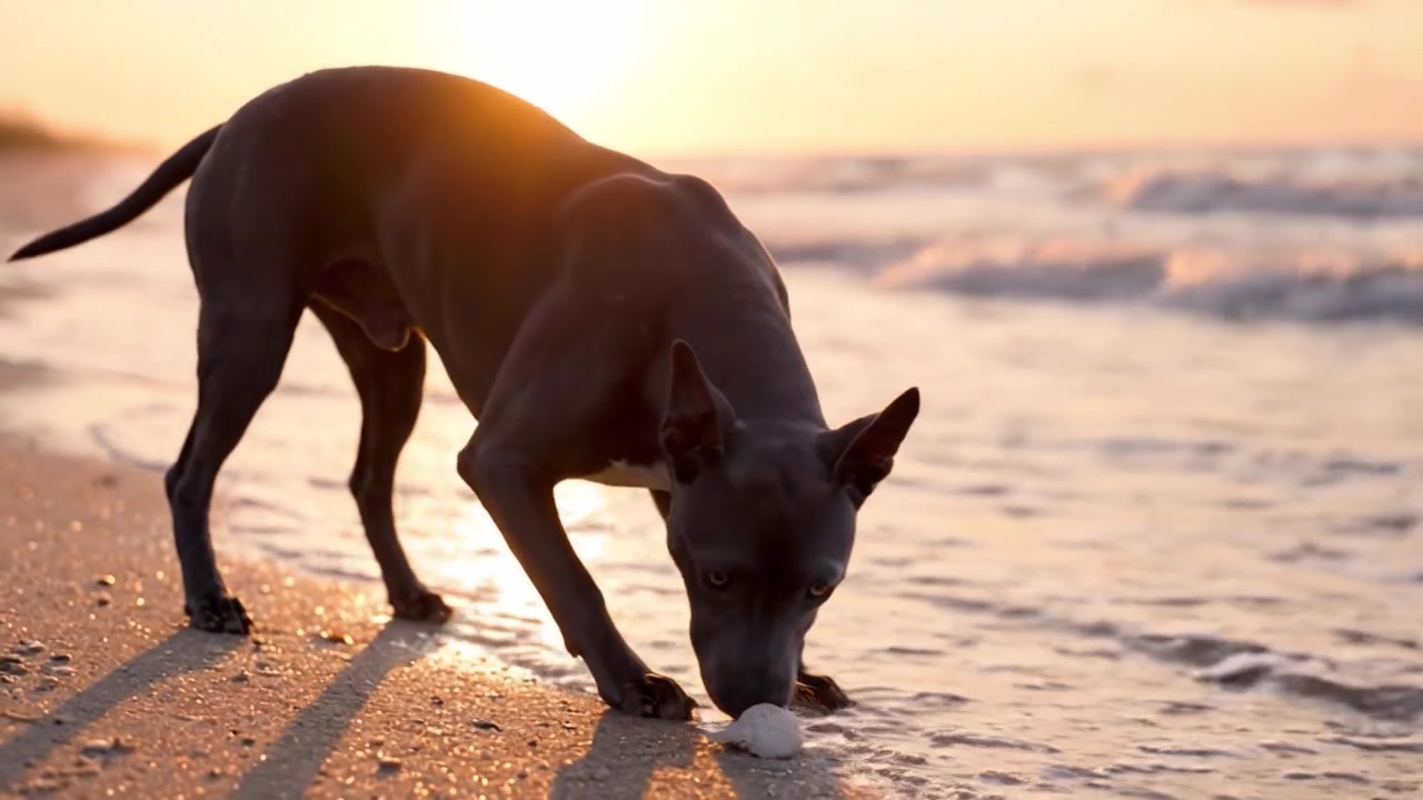 Un cane giocoso che si gode un tramonto sereno in riva all'oceano, deliziandosi tra le dolci onde e la sabbia calda in una serata perfetta