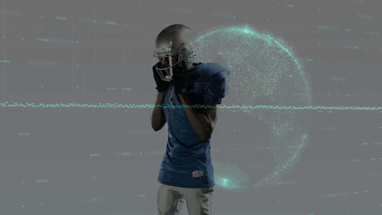 Football player wearing helmet standing in studio, showing teal data waveform swirl for technology