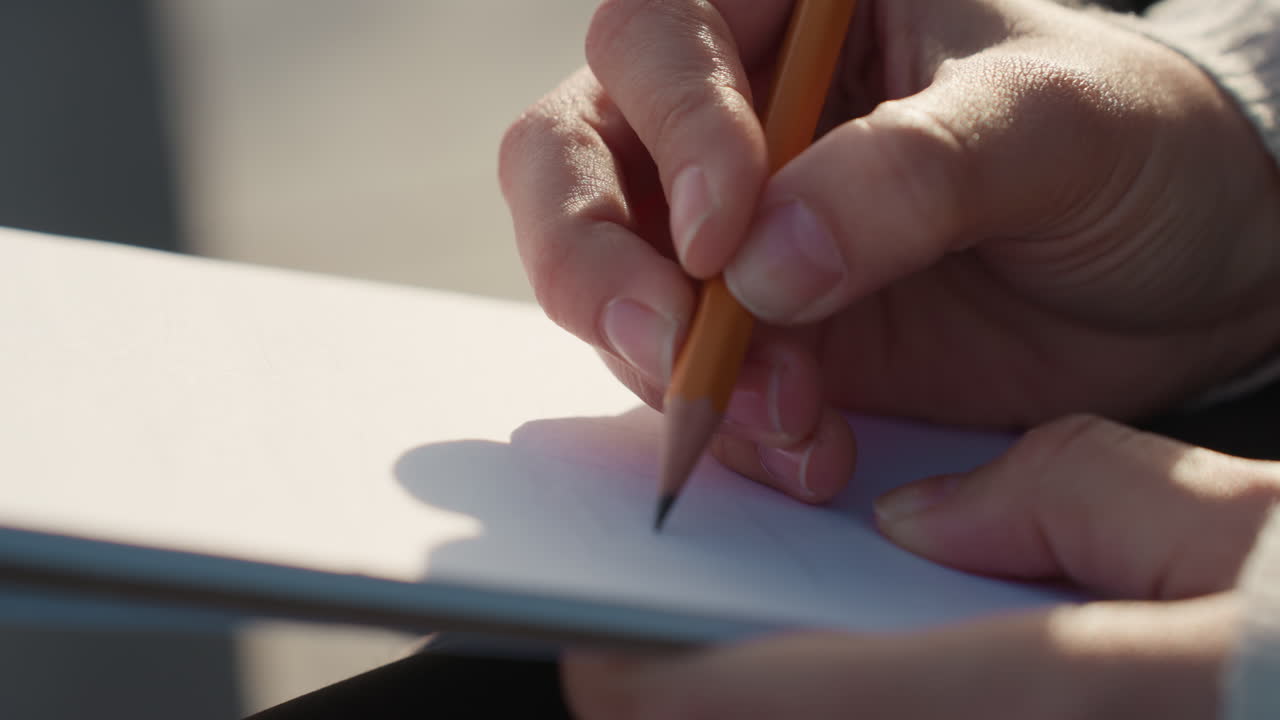 White hand sketching with pencil on textured paper, light graphite lines and soft shadows, focused grip and steady wrist, outdoor bench lighting, close angles capture fine detail and process