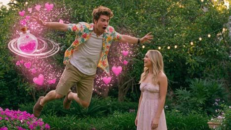 A Magical Leap: A Young Man Jumps Joyfully While Casting a Love Potion to Enchant a Nearby Young Woman in a Vibrant Garden Setting Filled with Heart Motifs