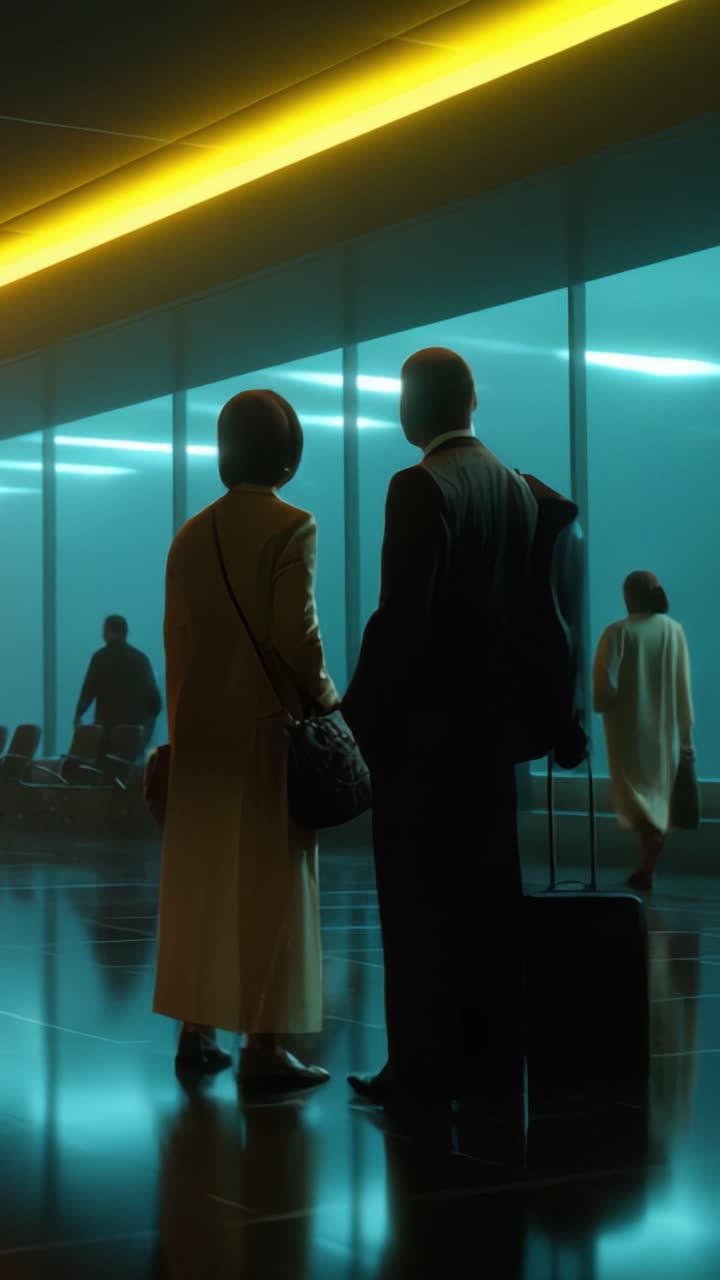 Un encuentro sereno en una moderna terminal de aeropuerto: dos figuras silueteadas contra un impresionante fondo futurista con iluminación amarilla y ventanas brillantes