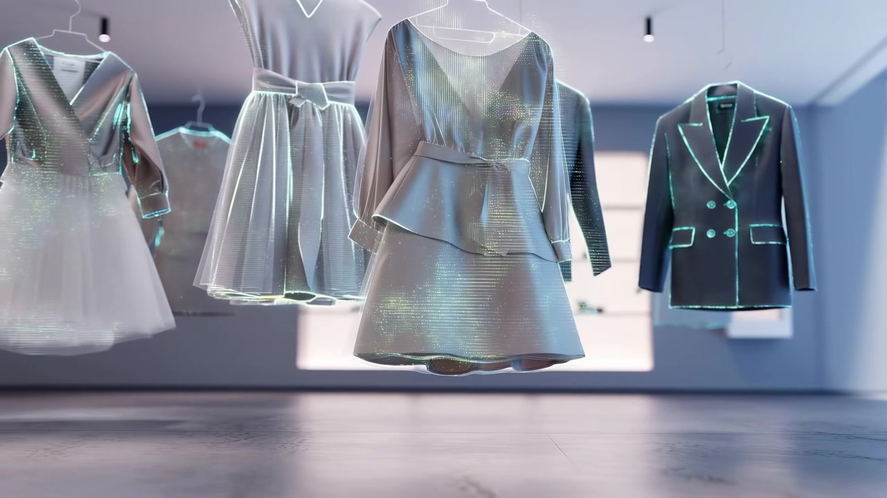 Svævende holografiske kjoler og jakkesæt i en elegant moderne butik, kølig pastelfarvet belysning, reflekterende gulv, subtil