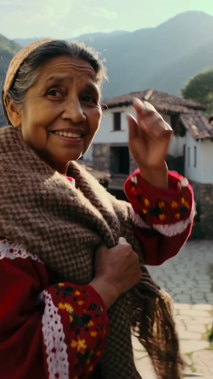 Vertical video: Leaving home, Andean woman stepping on stones, glancing back smiling, holding shawl