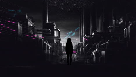 solitary figure in a neon-lit industrial landscape