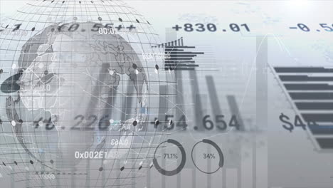 animation of statistical data processing and spinning globe against aerial view of cityscape