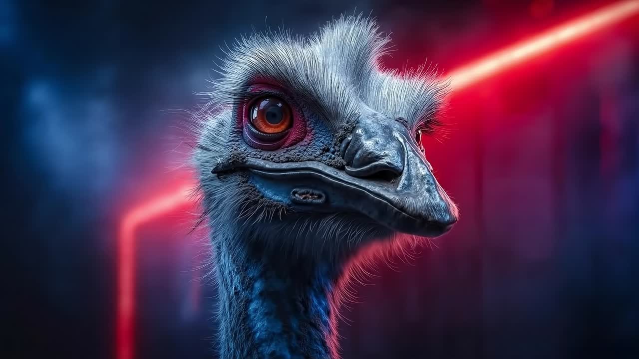 An ostrich with red light saber in the background