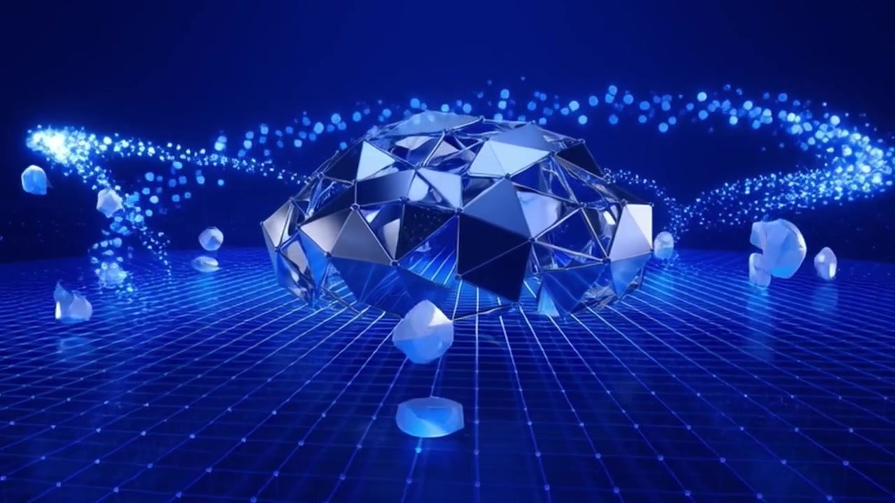 Abstract 3D Geometric Brain Structure with Floating Particles and Digital Grid