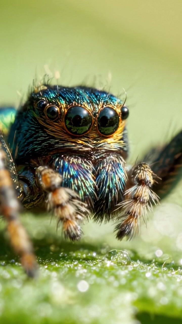 Toma macro detallada de una araña vibrante con características distintivas capturada con luz natural sobre una hoja verde
