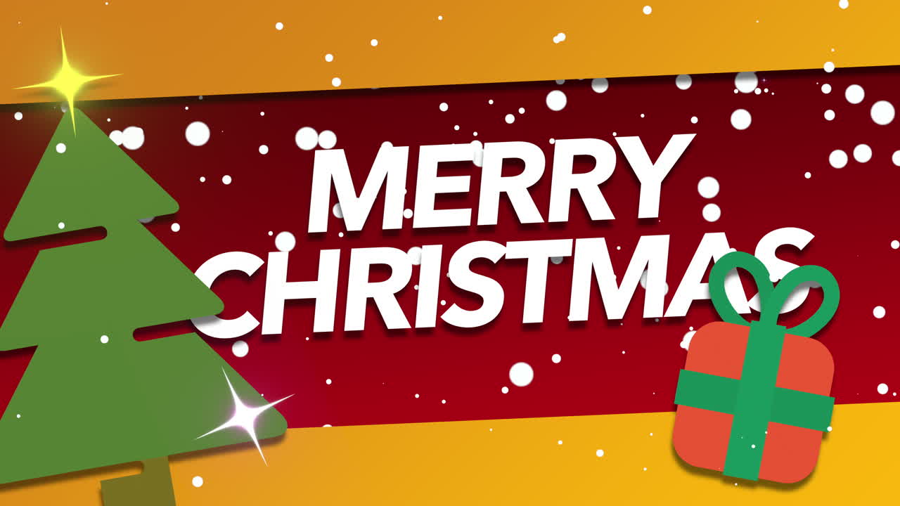 feliz navidad con nieve voladora y árbol de navidad verde con caja de regalo