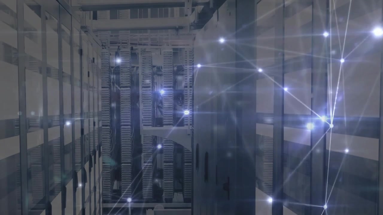 Animated illustration showing glowing network nodes streaming data across rows of server racks