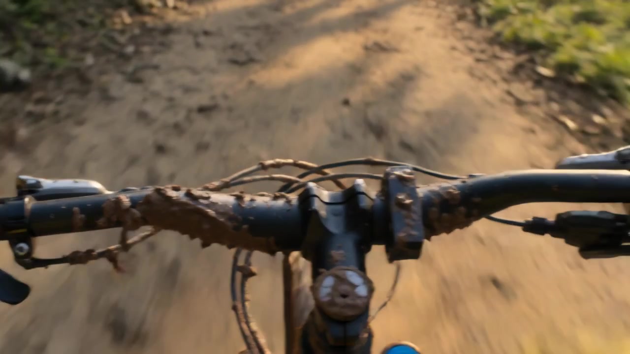Pedalada impulsionando o ciclista, mantendo o guidão enlameado centralizado em uma trilha estreita, com manga amarela.