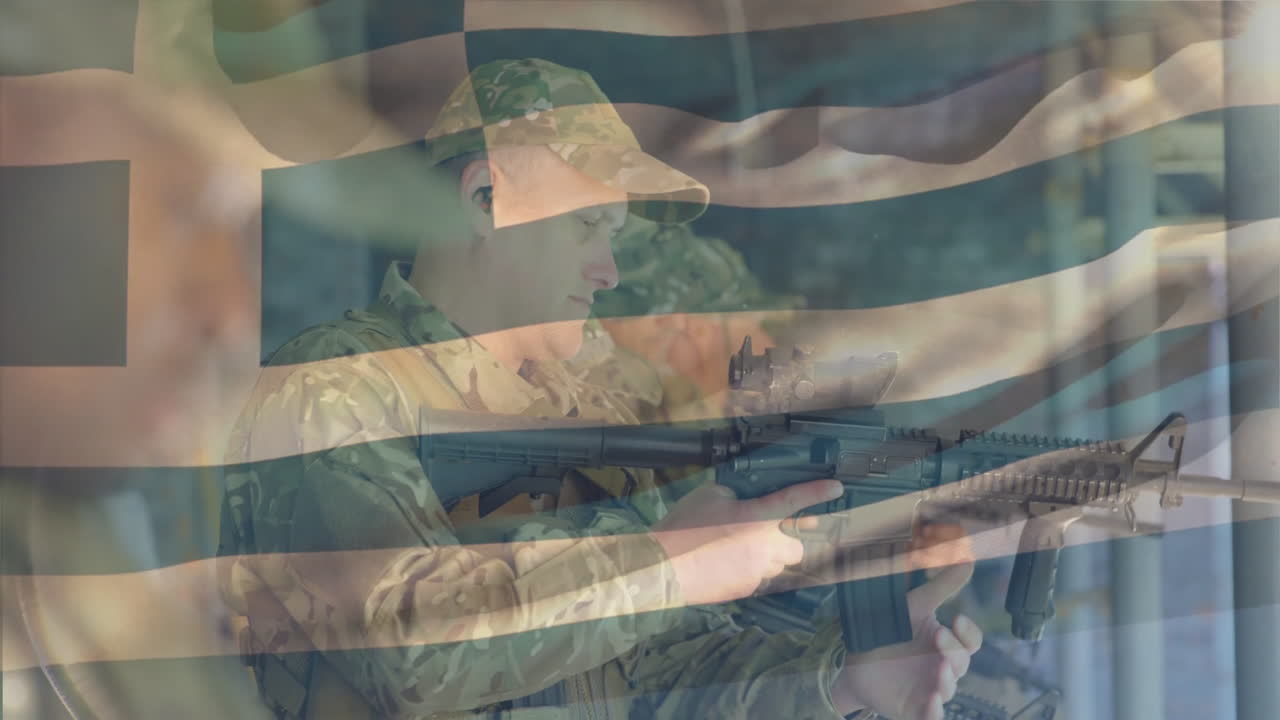 In animation, soldier in camouflage holding rifle with Greek flag overlay