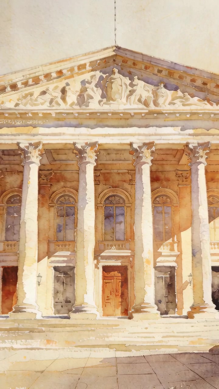 Video verticale: Telecamera che si sposta verso l'interno e si ricentra sulla piazza, rivelando gradini, colonne, frontone