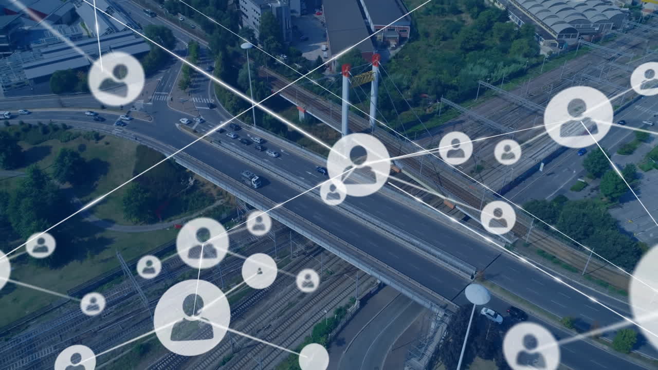 도시 도로 위의 사람 아이콘과 연결된 네트워크의 애니메이션