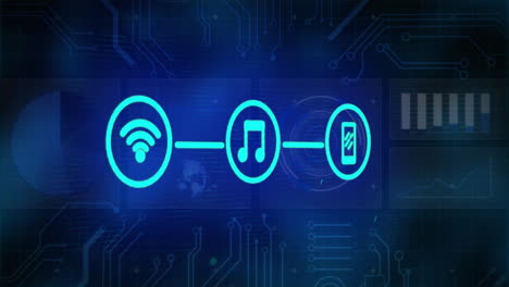 transferencia de archivos de música a través de una placa de circuitos digitales fondo, ilustración animada