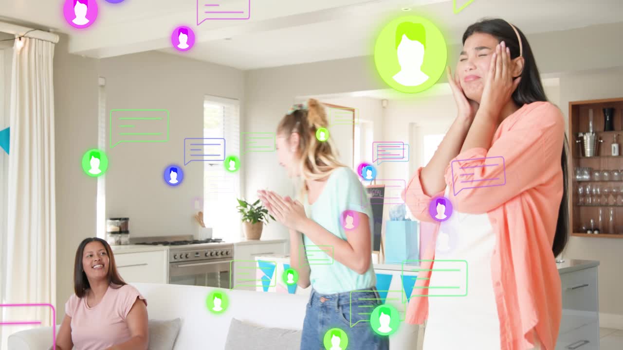 Women clapping on pregnant reveal honoring health with floating chat icons overlaying group