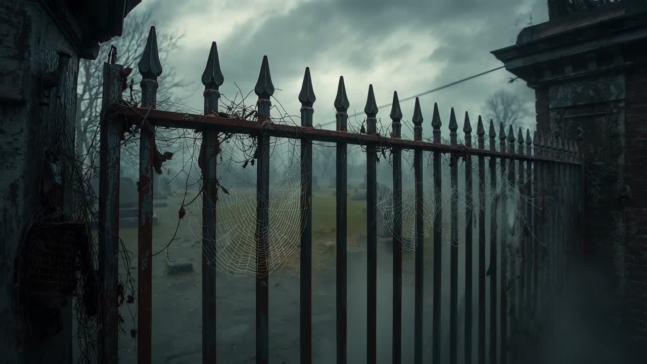 Subtle breeze stirring dewy spider web in cemetery entrance, with wrought-iron gate and tombstones