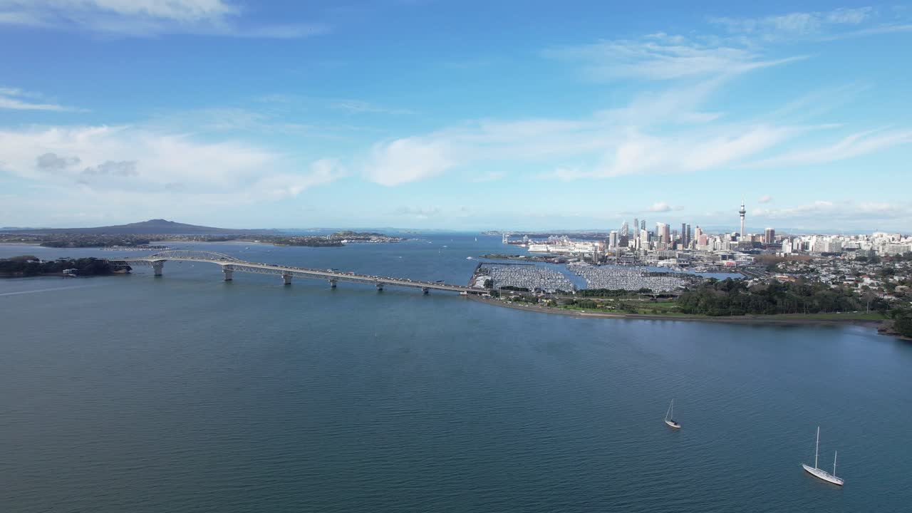 Aerial View of Auckland City Skyline and Harbour Bridge