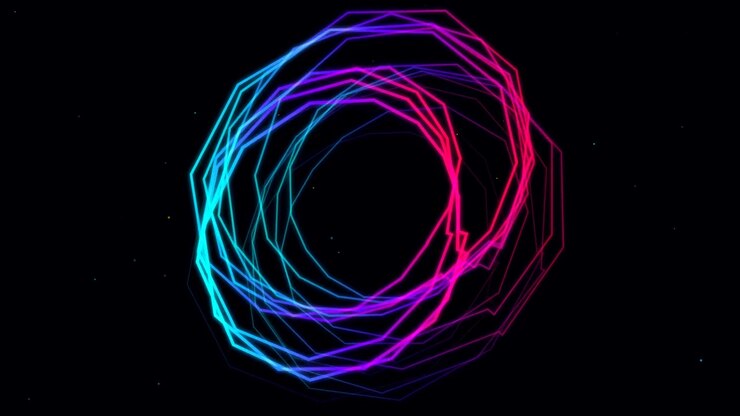 Abstrakte neon geometriske ringe, der roterer i mørkt rum