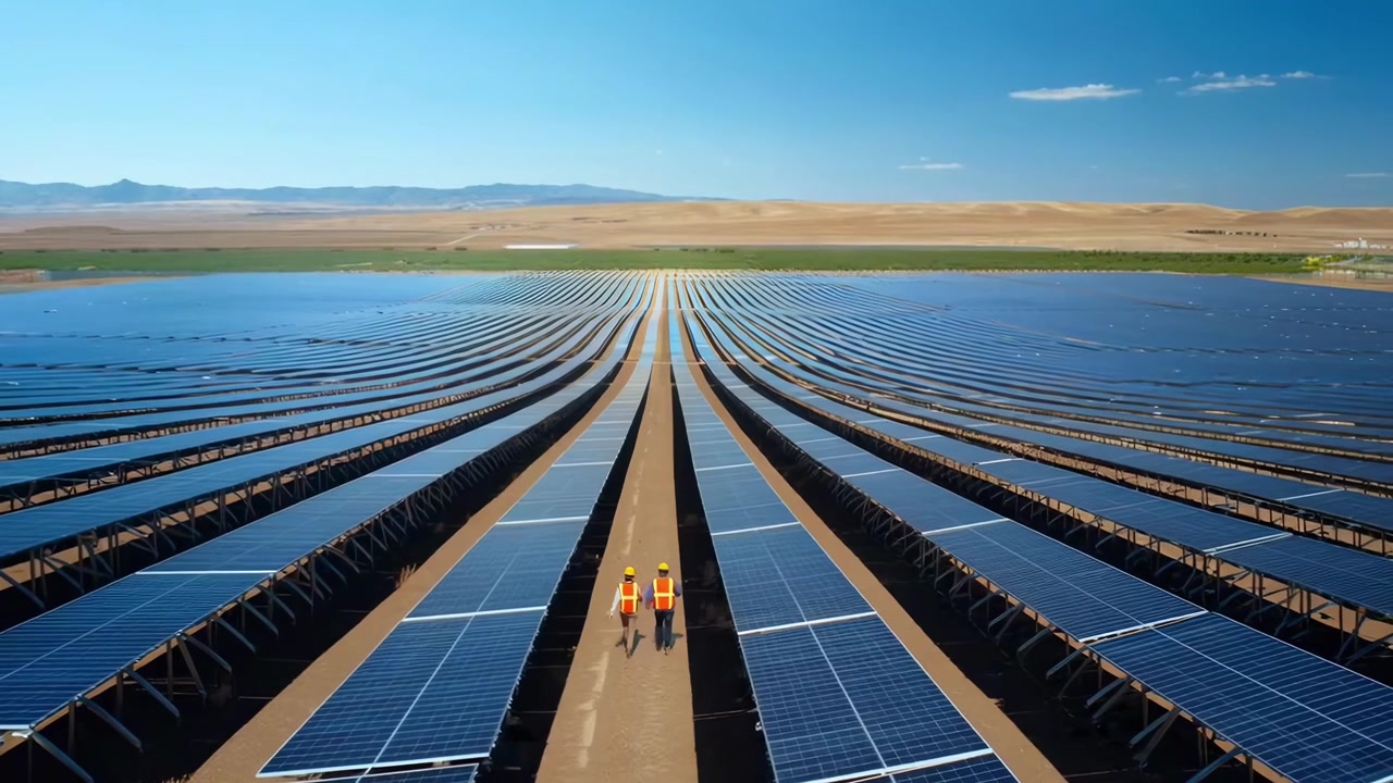 Ingeniører inspicerer solpaneler på en stor vedvarende energipark.