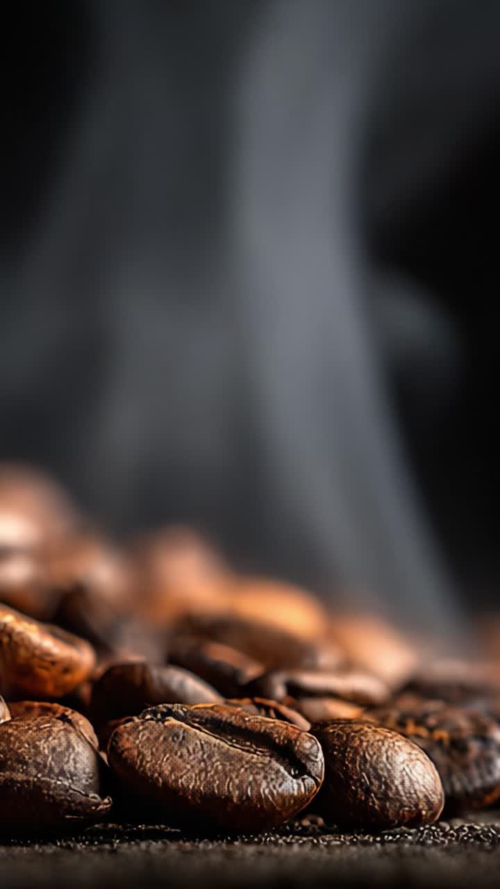 Affascinante Primo Piano di Chicchi di Caffè in Tostatura che Producono Vapore Aromatico in un Ambiente Scuro e Ricco, Evocando l'Essenza dei Momenti di Caffè Appena Fatto