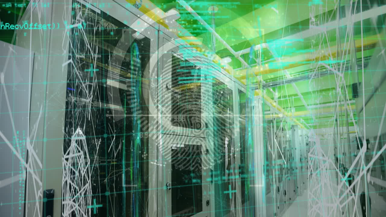 animación del escaneo de huellas dactilares y el procesamiento de datos en la sala de servidores