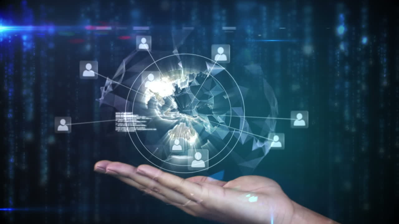 animación de redes de conexiones y globo con iconos sobre el fondo de la mano de una mujer caucásica