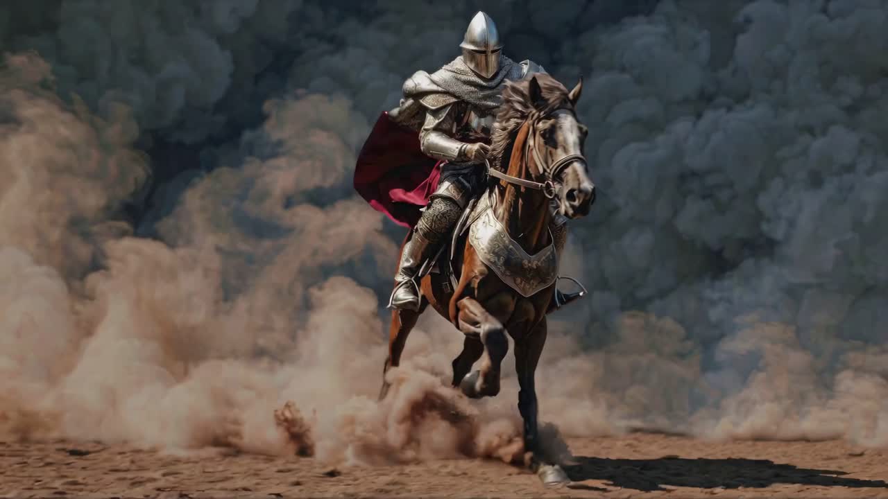 A knight in shining armor on horseback charges through swirling dust