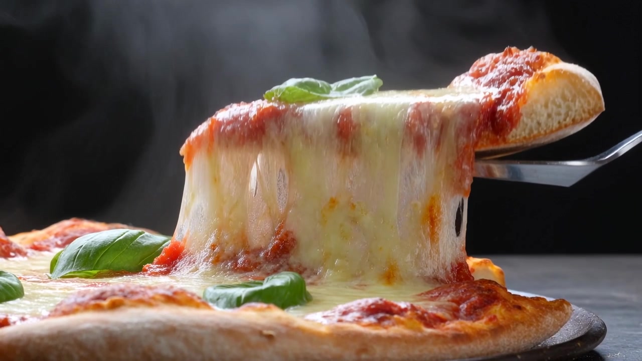 Sollevando una spatola di metallo per tirare la mozzarella filante da una pizza Margherita sul bancone, servendo una fetta.
