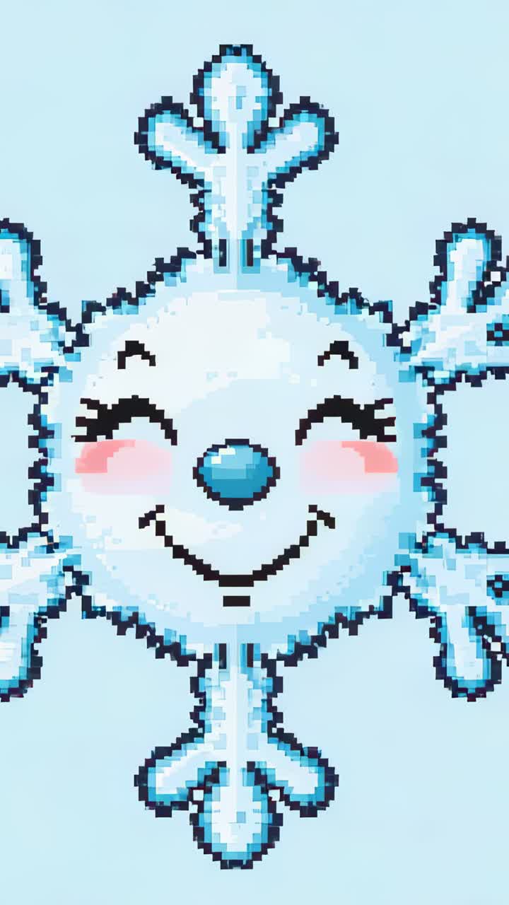 Vertical video: Frames starting, pixel-art snowflake smiling on pale blue background, centered