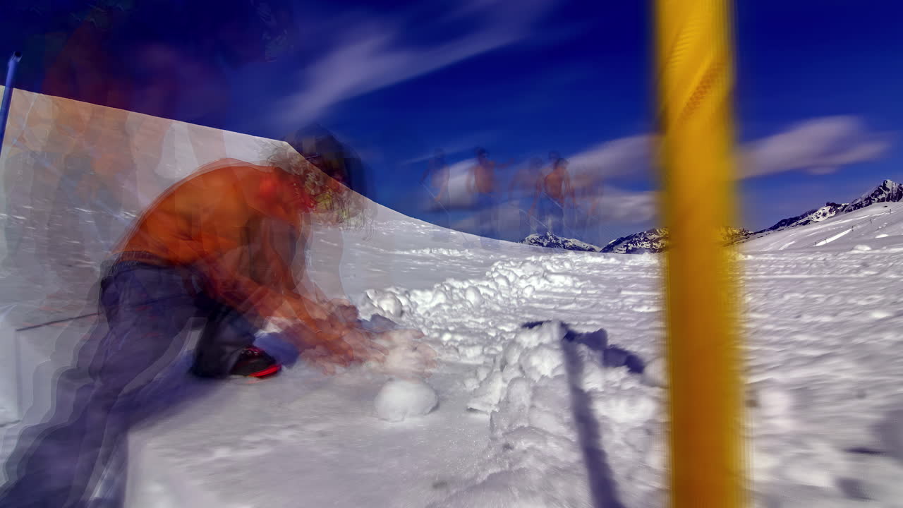 People with snow shovels cleaning and preparing snow skiing track