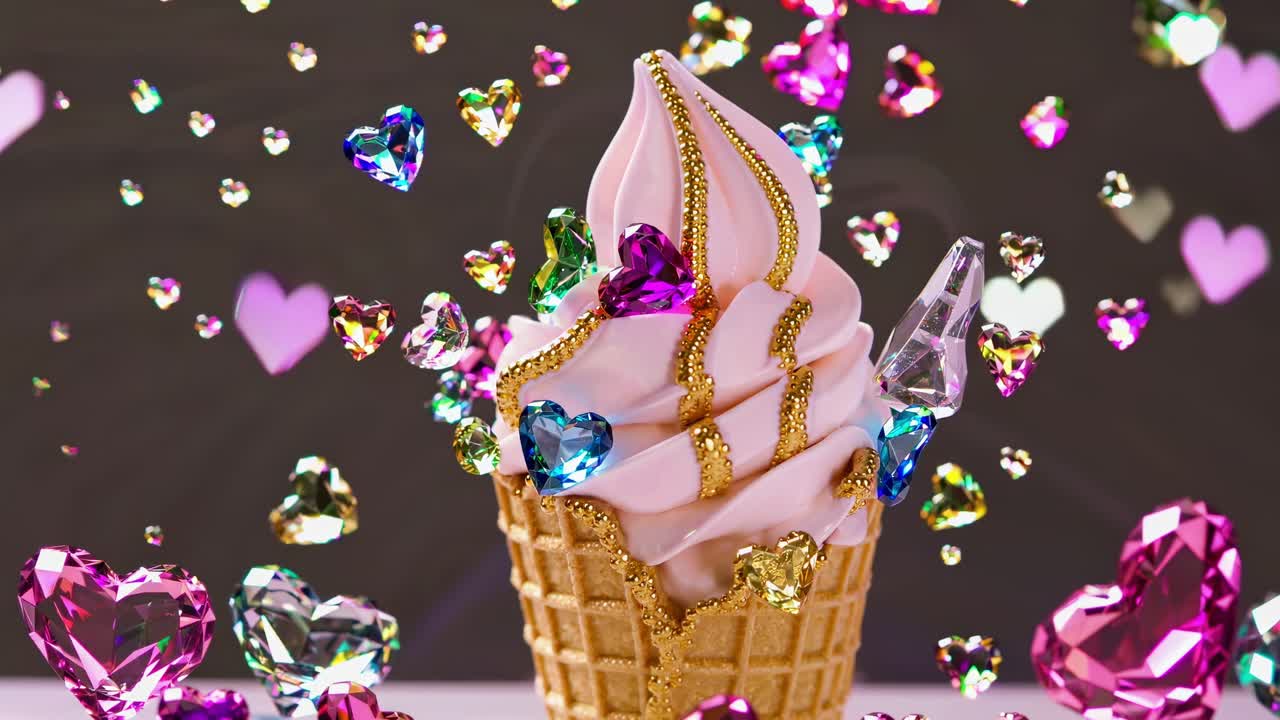 Delicious pink ice cream cone decorated with gold and surrounded by colorful crystal hearts floating in the air, creating a magical and dreamy atmosphere with iridescent lights