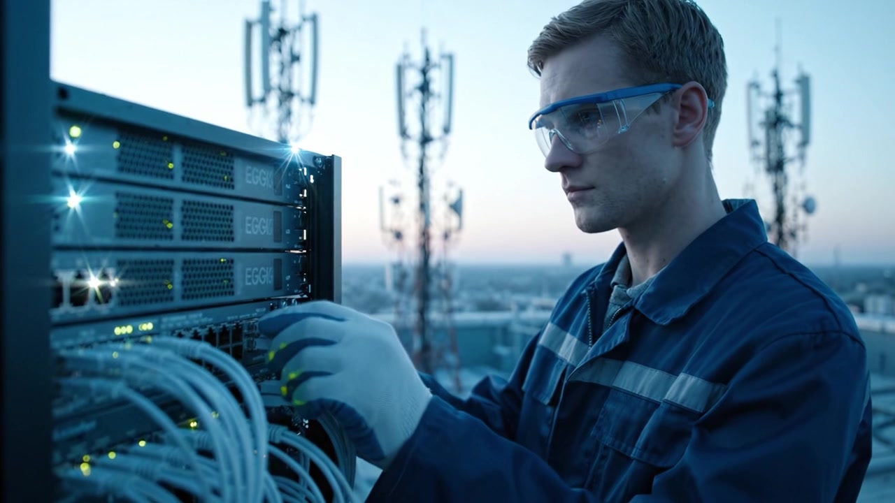 Technician Inspecting Communication Equipment on Rooftop at Dusk, Highlighting Data Cables and Antennas in an Urban Landscape with Advanced Technology and Safety Gear