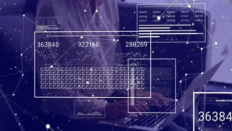 animation of interface with data processing against mid section of woman using laptop at office