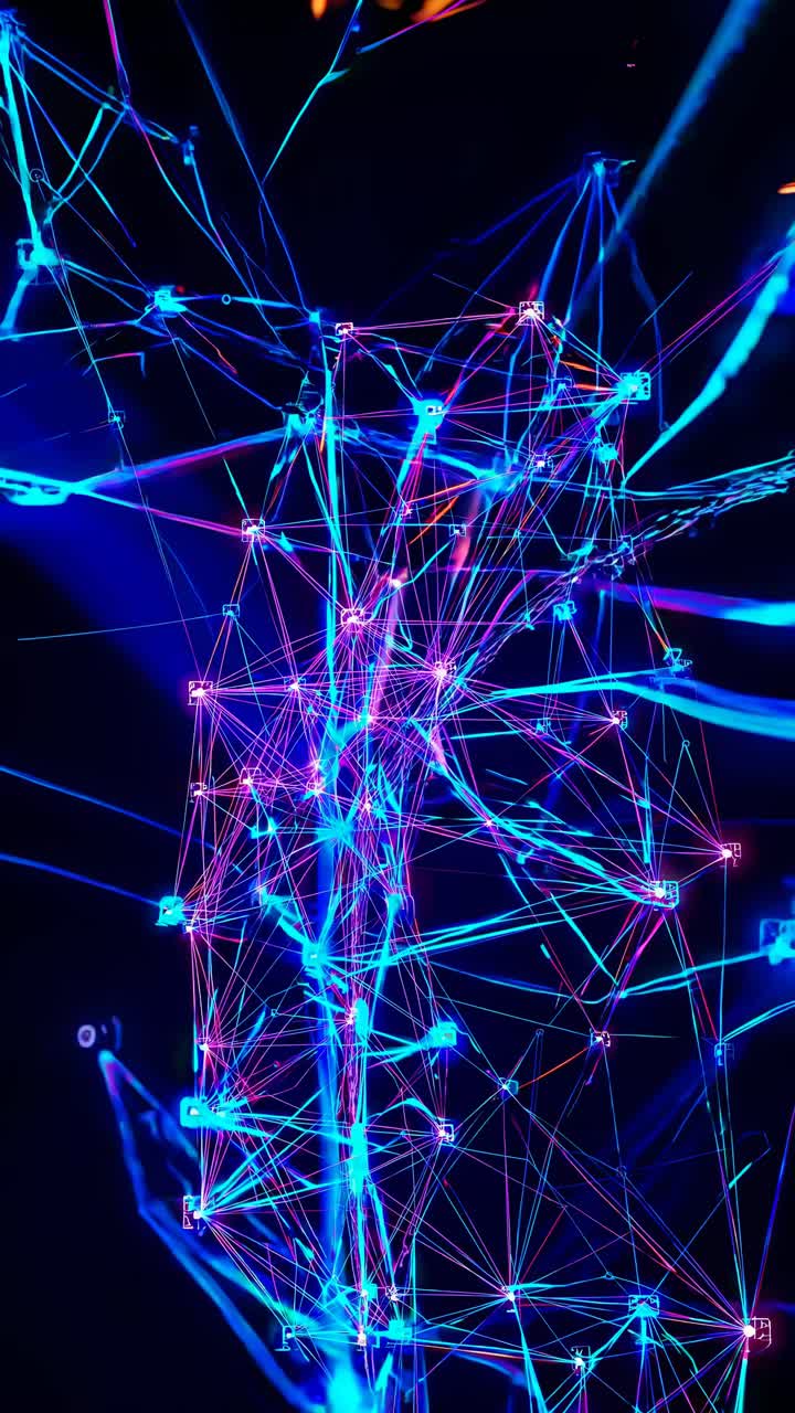 Abstract neon network of interconnected lines and nodes, captured from a low angle