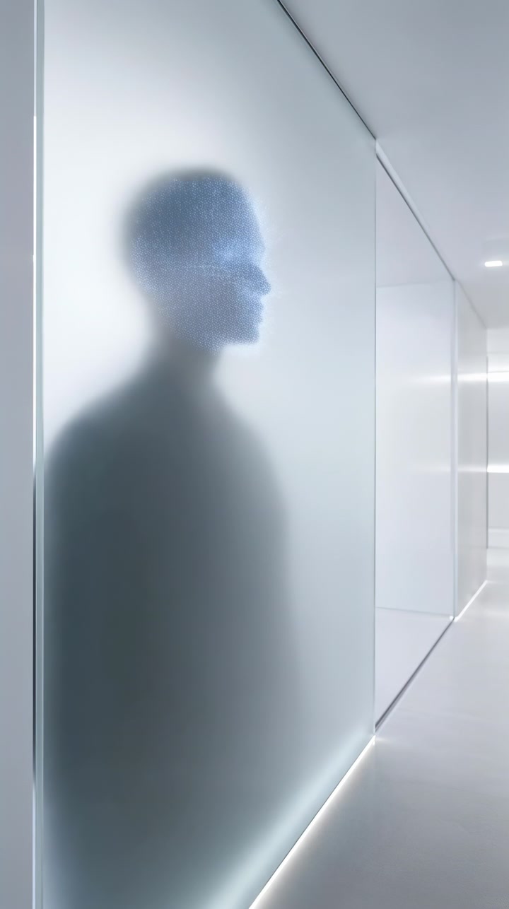 Shadowed figure shifts forward in illuminated white corridor as glowing lines fade across face, with frosted surfaces, soft haze, and high key lighting emphasizing motion and depth.