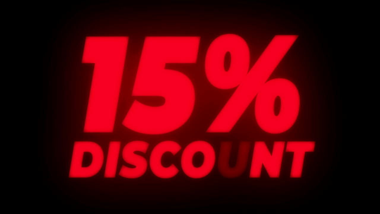 15% Percent Off Text Flickering Display Promotional Loop.