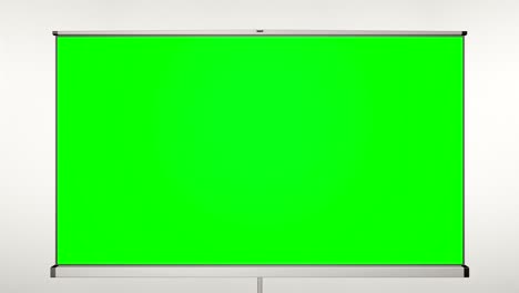 projection cinema screen pull-down and camera zoom to green screen. white wall behind tripod.
