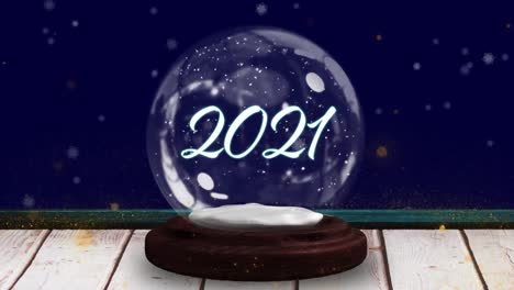 animation of 2021 in snow globe on wooden boards, shooting star and snow falling