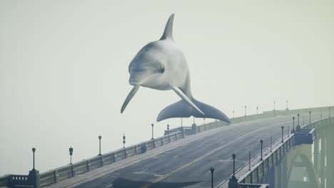 a dolphin jumping over a bridge in the fog