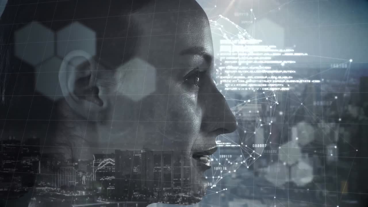 Animation of a Caucasian woman over a web of connections