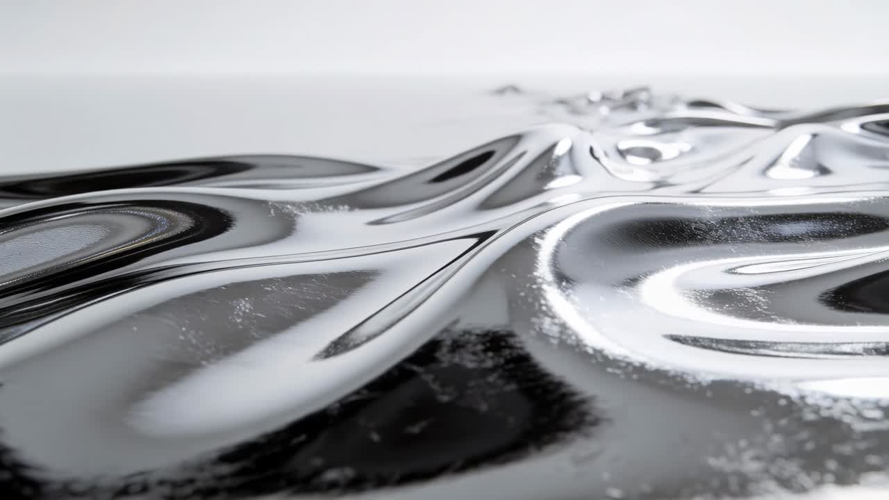 Rippling chrome surface flowing in studio after background disturbance, revealing specular flecks