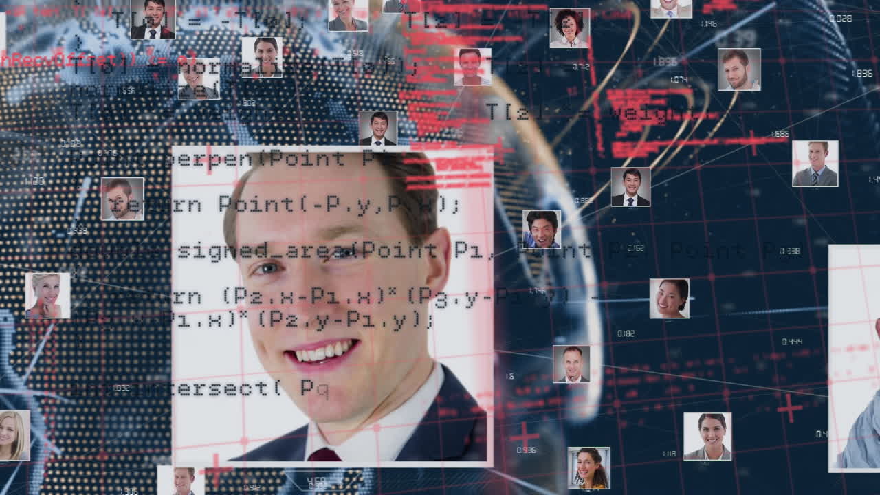 회전하는 지구와 파란색 배경의 데이터 처리에 대한 비즈니스 프로필 아이콘의 네트워크