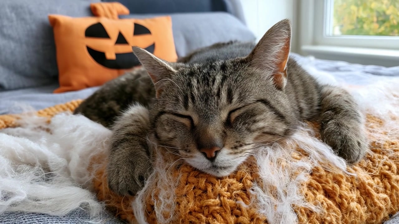 Gatto affascinante che sonnecchia comodamente su una coperta accogliente con una decorazione festiva a forma di zucca sullo sfondo, mostrando un'atmosfera autunnale pacifica.