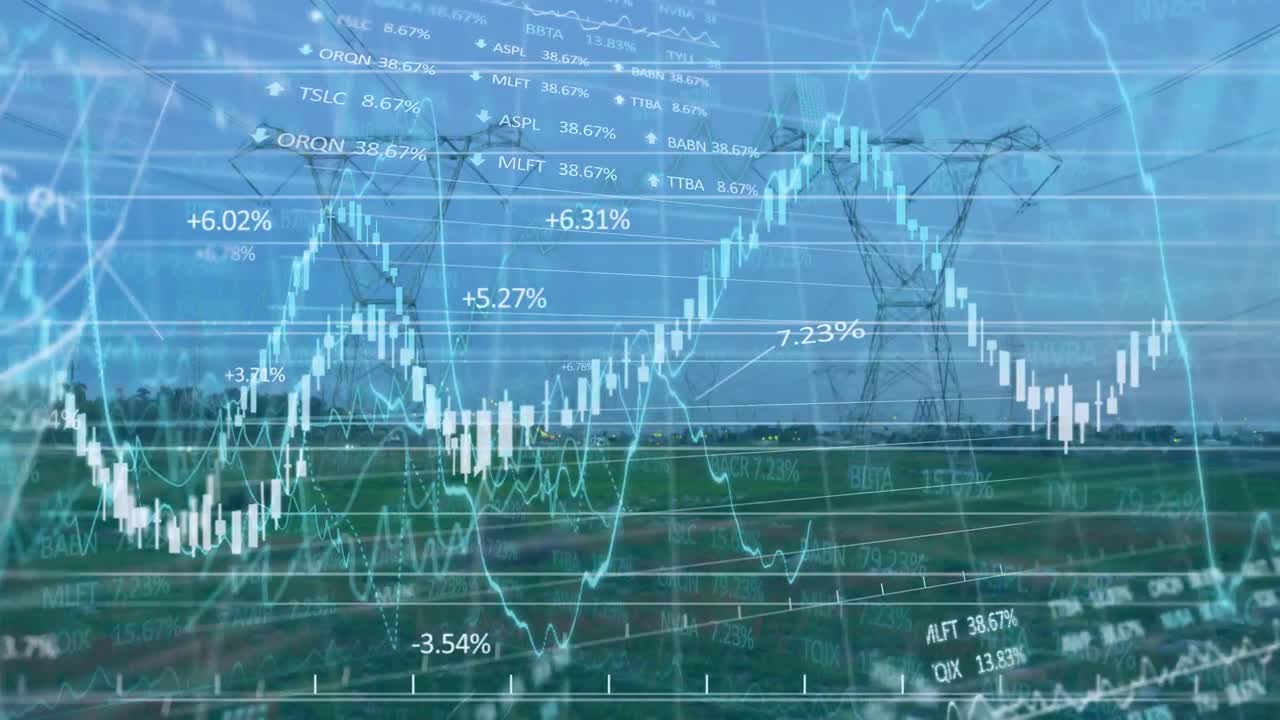 전기 기둥과 풍경에 대한 금융 그래프와 데이터의 애니메이션