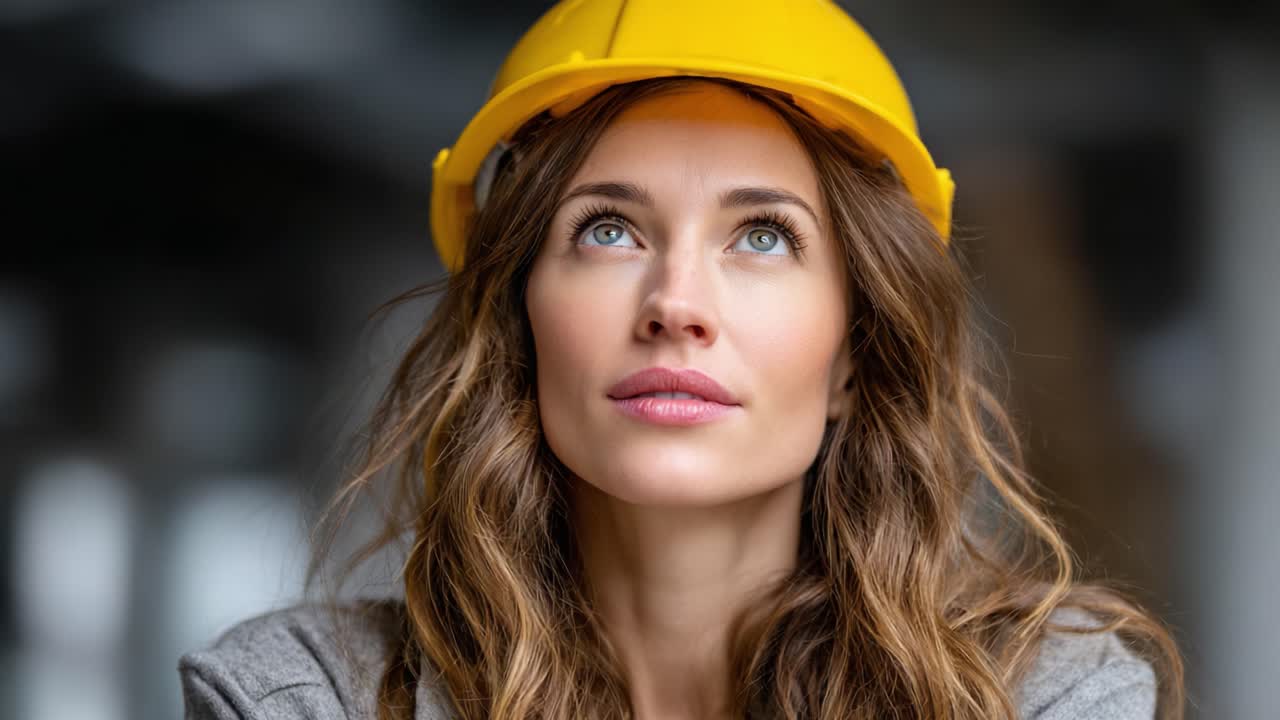 A focused professional woman wearing a hard hat gazes upwards, embodying determination and ambition in a construction or engineering environment