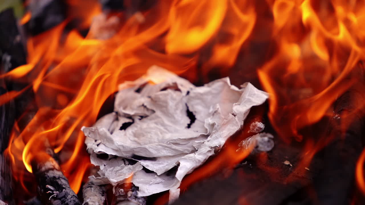 Sheet of paper is burning in fire. Bonfire with spurts of flame. Power of fire. Selective focus in video.