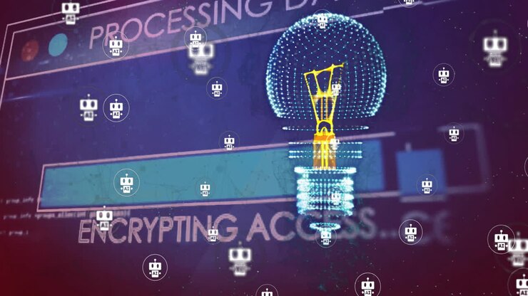 Animation of digital lightbulb and robot icons over loading bar and data processing