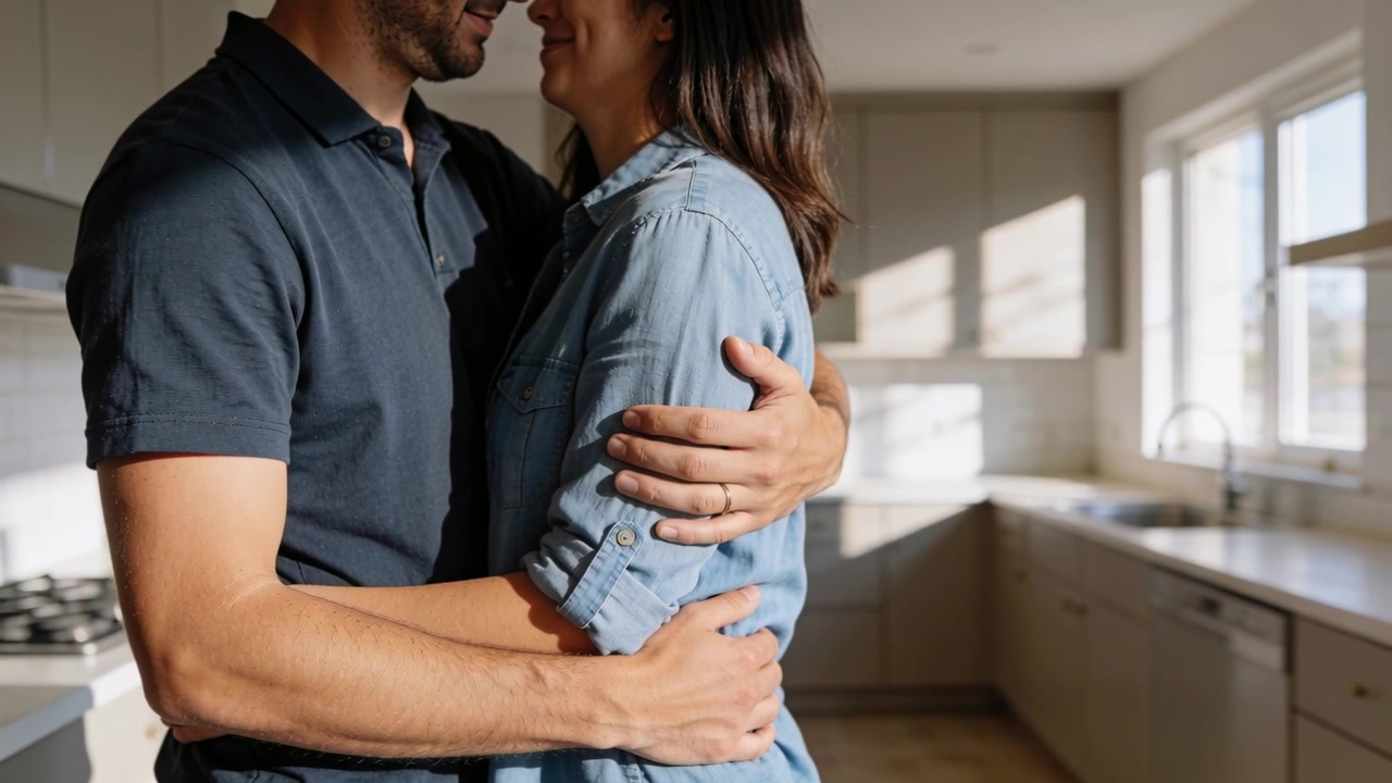 Una coppia si guarda negli occhi, si china e si bacia in cucina, mostrando amore; l'uomo indossa una polo scura e un anello.