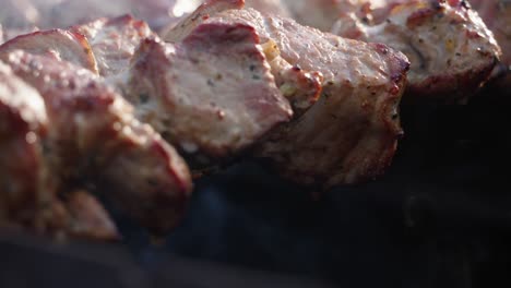 carne de cerdo jugosa y marinada con especias y hierbas en carbón quemado en la rejilla de barbacoa, humo en cámara lenta, primer plano